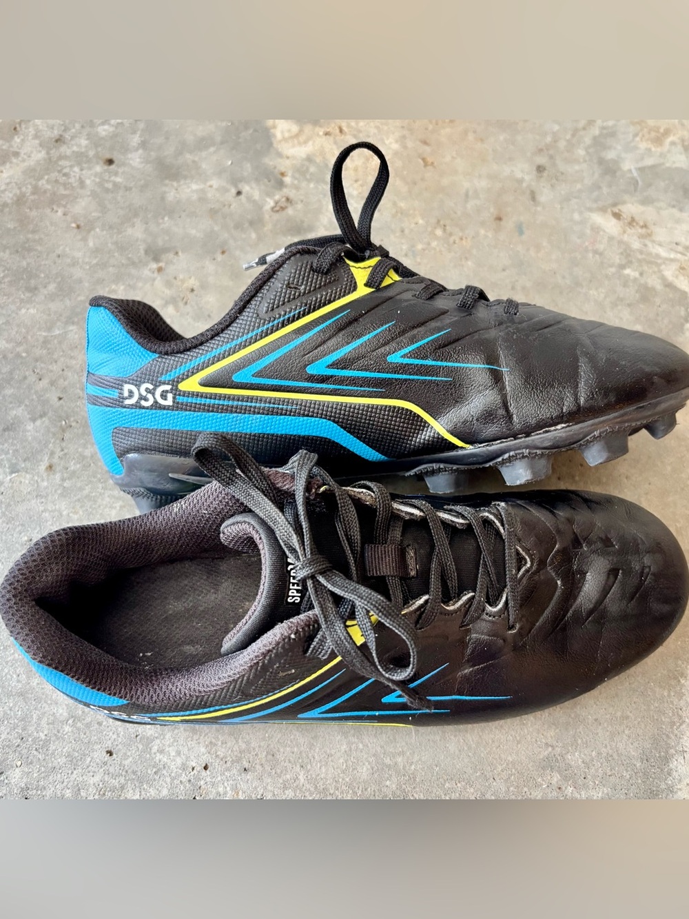 DSG Boy's Black Speed ViperAthletic Soccer Cleats with neon Blue & Yellow Accent